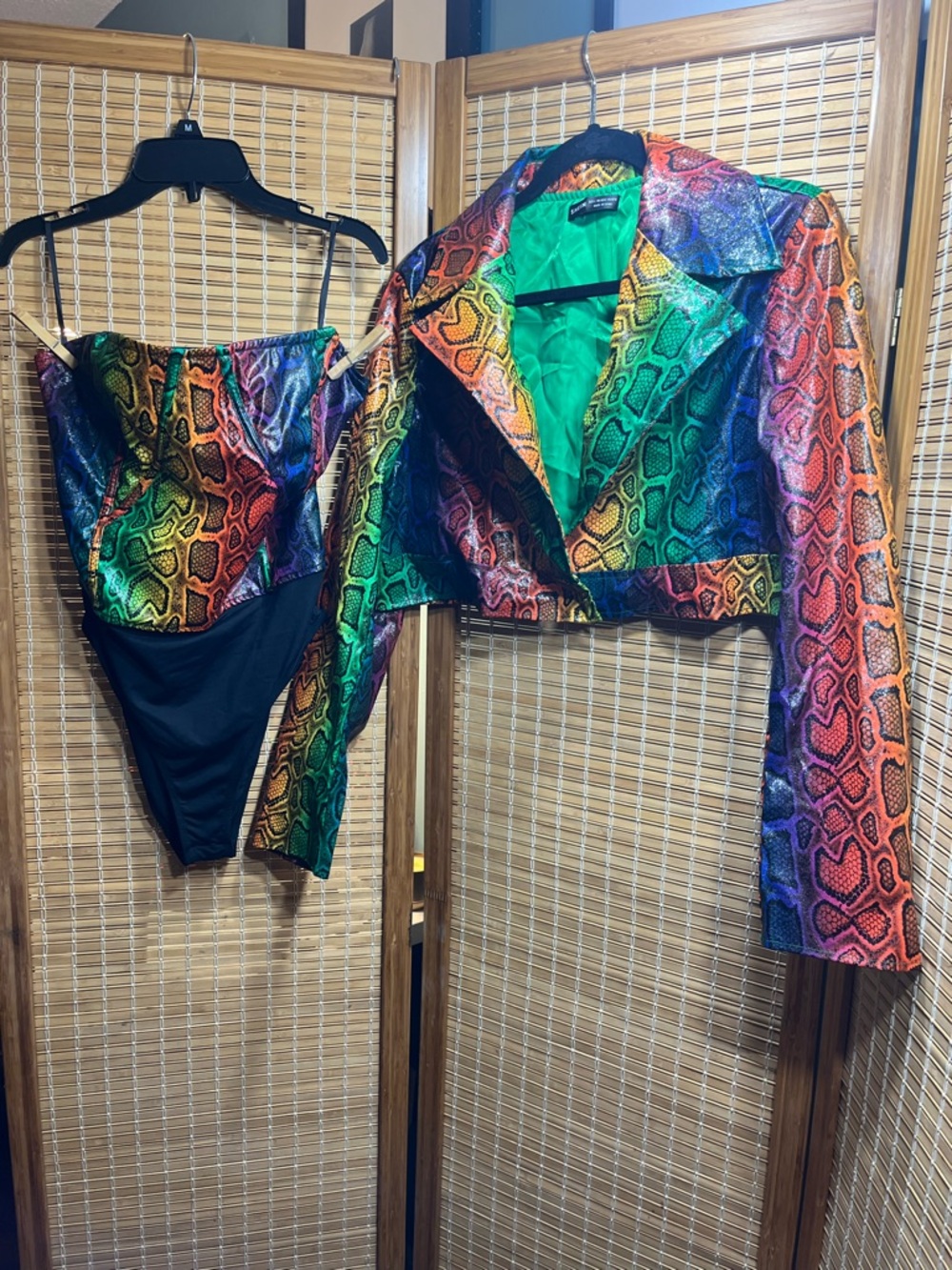 SHEIN Snakeskin Print Ombre PU Leather Bodysuit & Cropped Jacket sz Large